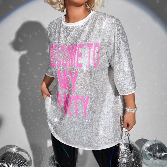 Silver Preppy Womens Plus Slogan Graphic Sequin Tee - Picture 3 of 5